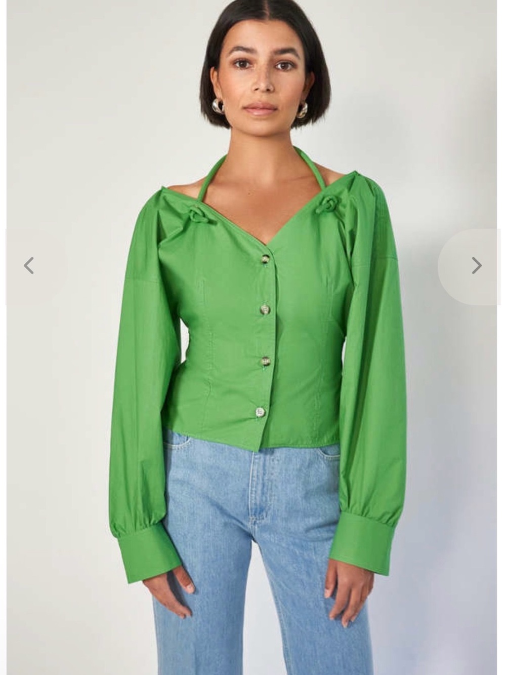 NWT Nanushka Green Button-Front Women's Blouse with Tie Shoulder Detail